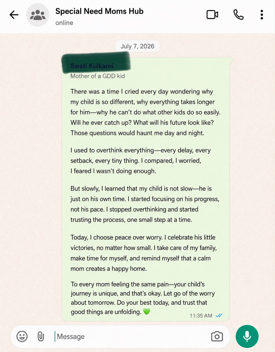 WhatsApp testimonial 5 from a mother in the community