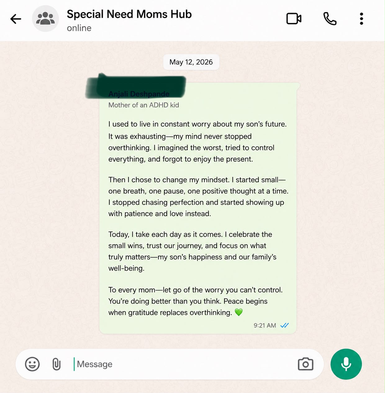 WhatsApp testimonial 6 from a mother in the community