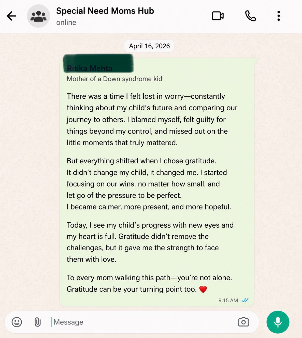 WhatsApp testimonial 3 from a mother in the community