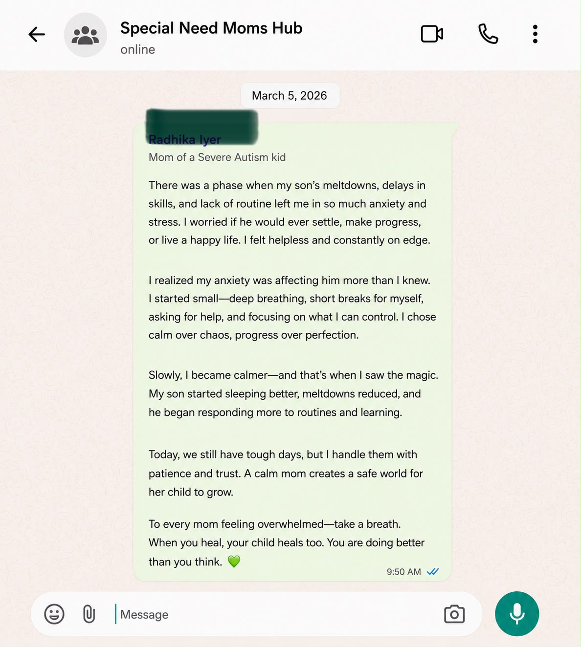 WhatsApp testimonial 4 from a mother in the community