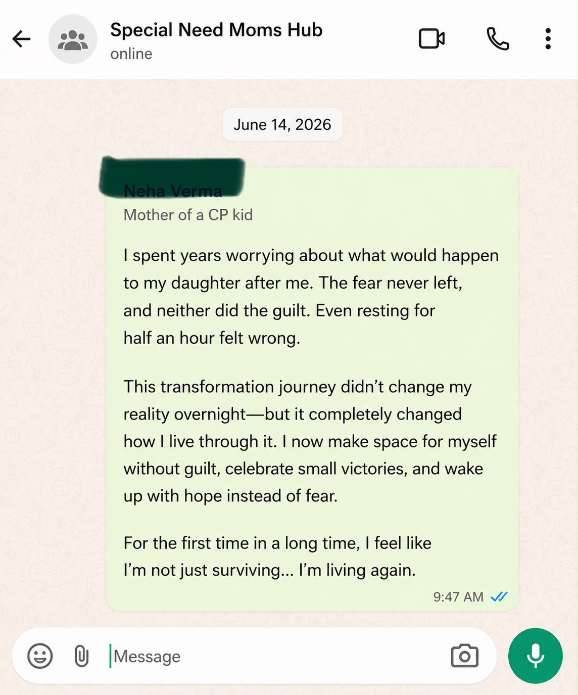 WhatsApp testimonial 1 from a mother in the community