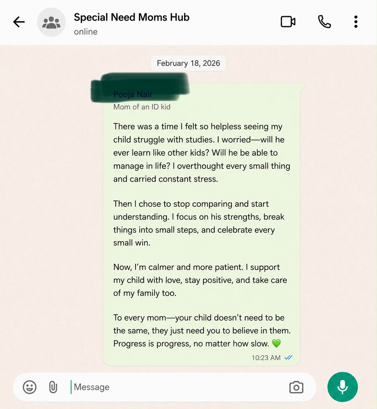 WhatsApp testimonial 2 from a mother in the community
